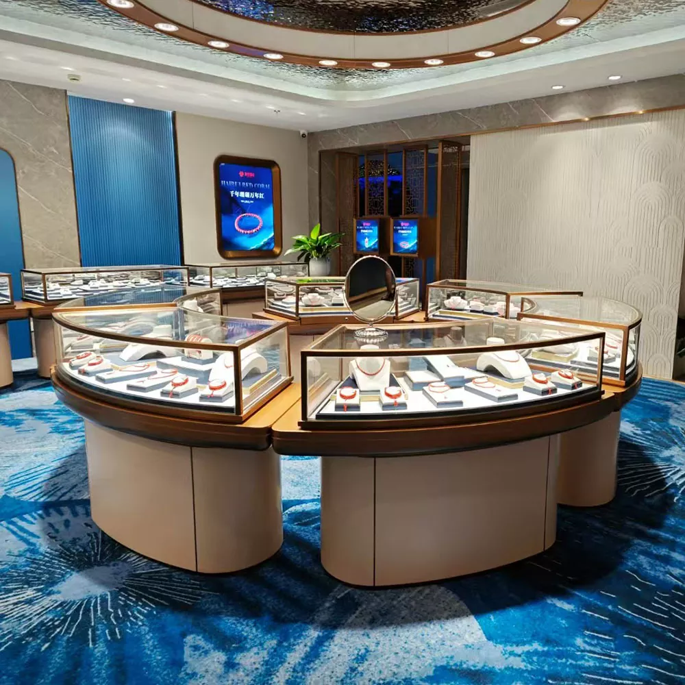 ¿Cuáles son los efectos de iluminación y las técnicas de visualización de la mesa de exhibición de joyas?